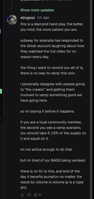 The image shows a Reddit post by user "slingoor" warning the community about "subway" account vamping a meme coin, suggesting loyal members buy 5-15% of the supply to prevent manipulation, while expressing frustration about the "BAGS" token being vamped. This relates to the accompanying post's message about protecting the Glungus meme coin from being exploited by content creators trying to artificially inflate interest.