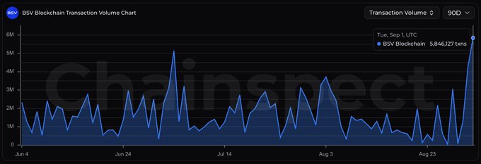 The image displays a BSV Blockchain Transaction Volume Chart from Chainspect showing daily transaction volume over a 90-day period, with a tooltip highlighting a peak of 5,846,127 transactions on Tuesday, September 1 UTC. This visually supports the post's claim of BSV's busiest day in 90 days, as the sharp spike at the far right of the chart clearly stands out as the highest point on the graph, illustrating the dramatic 37% surge mentioned in the commentary.