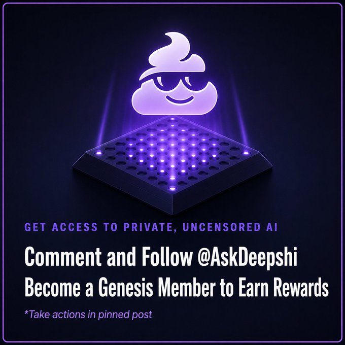 The image is a promotional graphic for "Deepshi," featuring a glowing purple poop emoji with sunglasses hovering above an illuminated grid platform. It displays the text "GET ACCESS TO PRIVATE, UNCENSORED AI," "Comment and Follow @AskDeepshi," "Become a Genesis Member to Earn Rewards," and "*Take actions in pinned post," which aligns with the post's pitch for Deepshi as a private, unrestricted AI platform launching on Solana and rewarding engagement with a SOL giveaway.