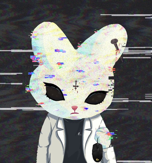 A digital artwork of a stylized rabbit character in a white lab coat, featuring glitch effects, dark eyes, and cross markings on its face against a dark background.