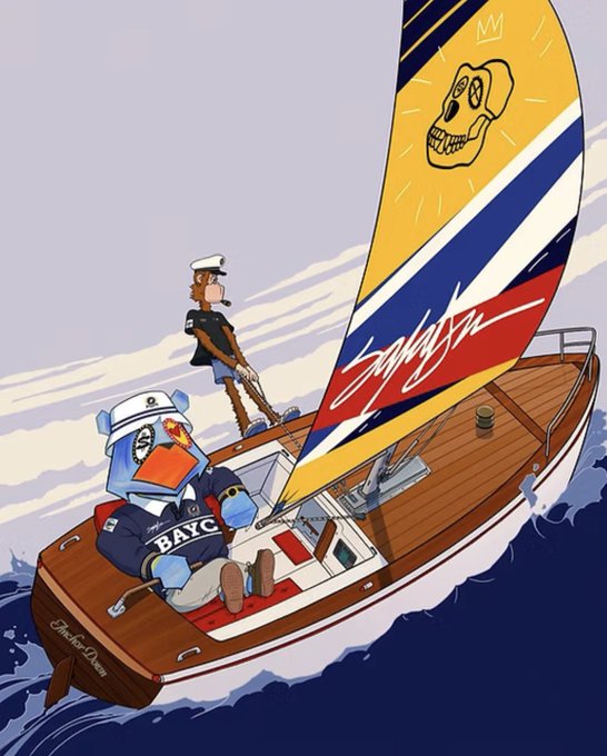 A cartoon sailor duck in a BAYC jacket and captain's hat steers a sailboat with a skull-and-crown emblem and signature "sail" logo, accompanied by a monkey crew member. The image visually represents the upcoming Bored Ape Yacht Club Anchor Collection collaboration with artist Kingsaladeen, blending nautical themes with the iconic BAYC branding.