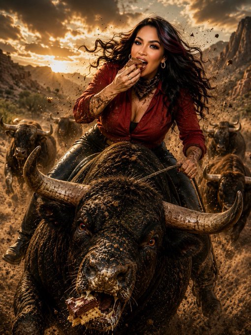 A dramatic AI-generated image shows a woman in a red shirt riding a massive, mud-covered bull while eating, with a herd of bulls charging behind her.