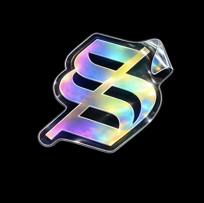 This holographic sticker features the Solana logo, a stylized "S," which directly relates to the post's theme of "Everything on Solana." The iridescent design further enhances its visual appeal.
