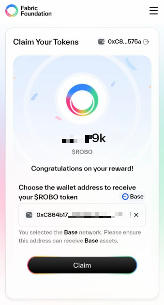 A screenshot of a 'Fabric Foundation' web interface titled 'Claim Your Tokens', displaying a partially blurred token amount over '$ROBO' and a message reading 'Congratulations on your reward!' above a 'Claim' button.