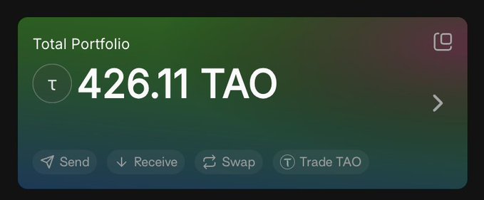 A digital wallet interface showing a 'Total Portfolio' balance of '426.11 TAO' with buttons for Send, Receive, Swap, and Trade TAO.