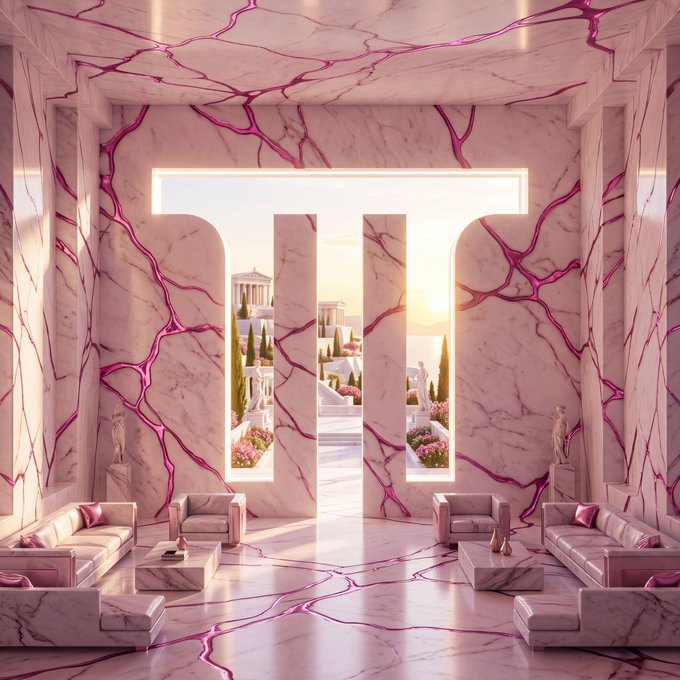 The image features a luxurious living room with marble walls, pink marble floors, and white furniture including couches and chairs arranged around the space. The room has large windows that provide an expansive view of the outdoors, which includes trees and buildings. A painting is hanging on one of the walls, adding to the overall aesthetic appeal of the room. The post about the bull market suggests that there might be a financial crisis or economic downturn in the near future, as indicated by the phrase "Won’t tell my friends when THE bull market comes."
