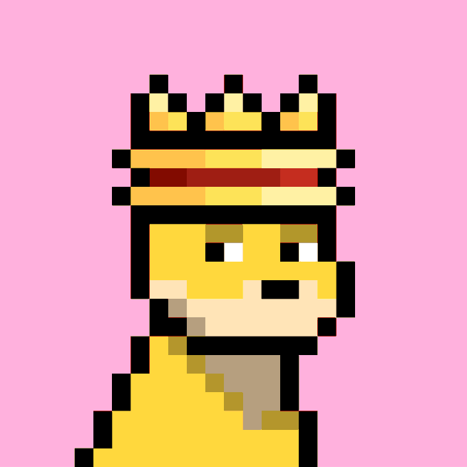 Pixel art of a yellow dinosaur dog character wearing a gold crown, representing Doginal Dog #8915 from the @doginaldogs NFT collection.