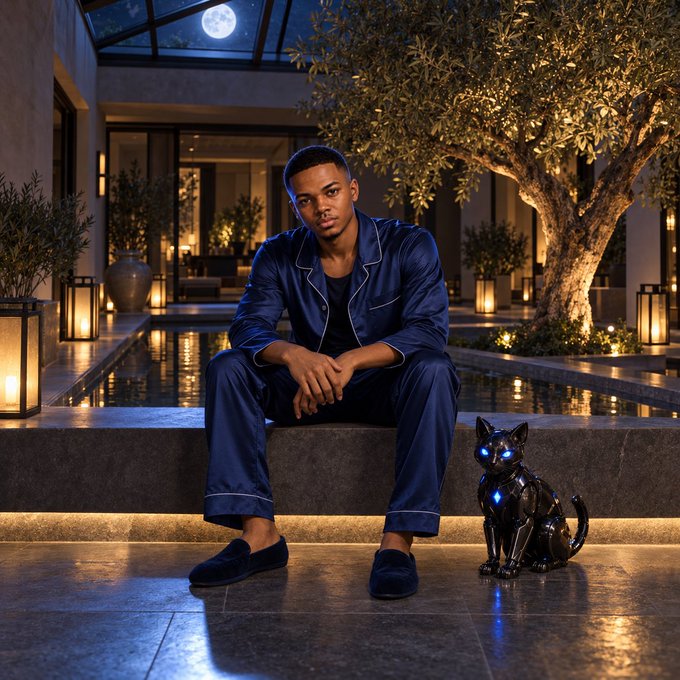 A man in blue silk pajamas sits on the edge of a modern outdoor pool at night with a full moon visible above, accompanied by a black robotic cat with glowing blue eyes.
