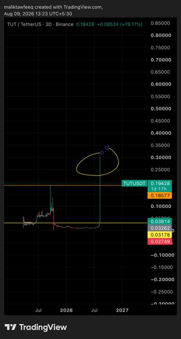 A TradingView 3-day candlestick chart for TUT/USDT on Binance shows a massive green wick spiking from ~$0.03 to ~$0.19 (+78.17%), circled in yellow near the $0.25-$0.35 area, illustrating the liquidity hunt referenced in the post before the sharp reversal benefiting the short position.
