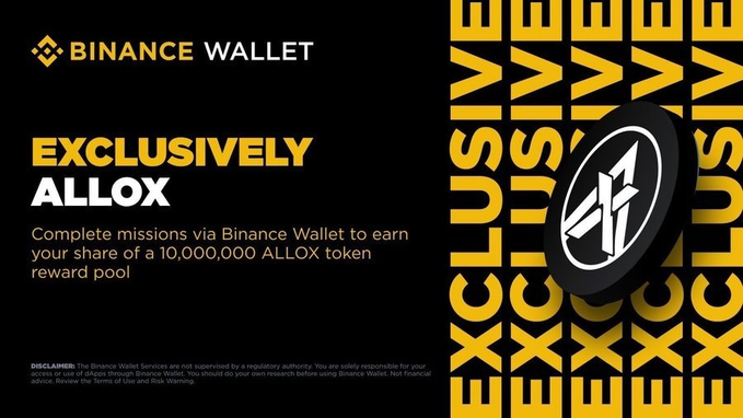 A Binance Wallet promotional graphic for an exclusive ALLOX campaign, featuring the Binance Wallet and Allox logos on a black background with yellow "EXCLUSIVELY ALLOX" text, announcing a 10,000,000 ALLOX token reward pool for users who complete missions—matching the post's details about the "Exclusively Allox" booster campaign.