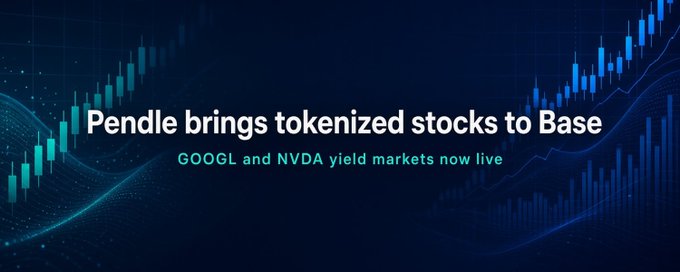 A promotional graphic reads 'Pendle brings tokenized stocks to Base' with the subtitle 'GOOGL and NVDA yield markets now live' against a dark blue background featuring stock market candlestick charts.