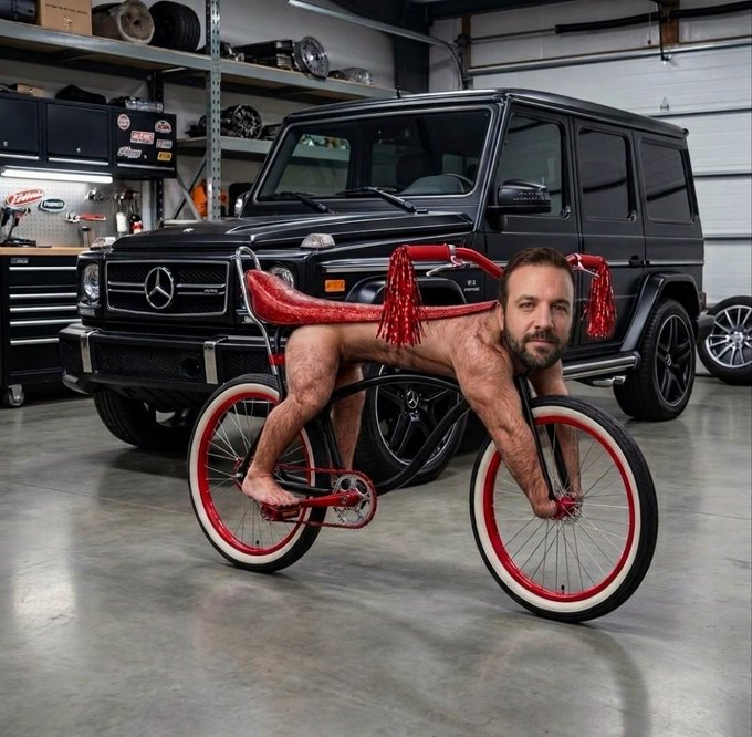 A nude bearded man poses astride a custom red bicycle with a glittery red saddle and tassels in a garage, with a black Mercedes-Benz G-Wagon parked behind him.