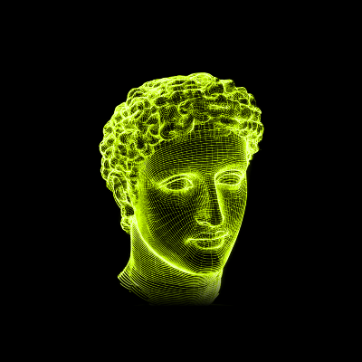 A stylized 3D wireframe rendering of a classical-style human head sculpture, illuminated in bright yellow-green against a solid black background.