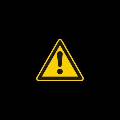 A yellow triangular warning sign with an exclamation mark inside, displayed on a black background.