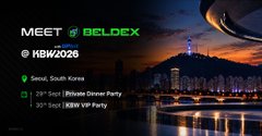 An event poster for "MEET @BELDEX" at KBW2026 in Seoul, South Korea, featuring a cityscape with a flying saucer. It advertises a "Beldex Dinner Party" on 29th Sep and a "KBW VIP Party" on 30th Sep.