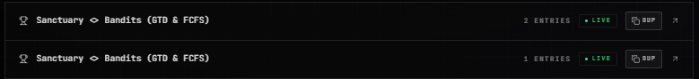 The image shows two “Sanctuary ⇄ Bandits (GTD & FCFS)” entries marked “LIVE,” with “2 ENTRIES” and “1 ENTR[Y]” visible. It appears to be an activity feed supporting the post announcing Sanctuary’s participation in the @playbandits event, with an allocation from @0xRohitz.