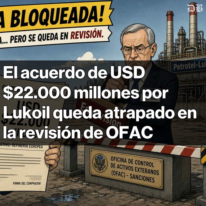 A news graphic shows Jerome Powell with text reading "A BLOQUEADA!... PERO SE QUEDA EN REVISIÓN." and "El acuerdo de USD $22.000 millones por Lukoil queda atrapado en la revisión de OFAC."