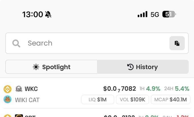 A mobile app screenshot showing a cryptocurrency 'Spotlight' listing for 'WKC' (WIKI CAT) priced at $0.7082, with stats indicating a 1H increase of 4.9%, 24H increase of 5.4%, liquidity of $1M, volume of $109K, and market cap of $40.1M.
