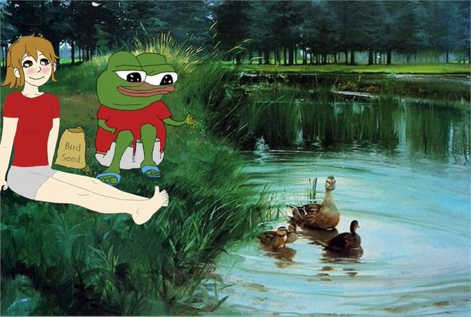 A girl and Pepe the Frog sit by a peaceful pond feeding ducks, with a bag labeled "Bird Seed" beside them, mirroring the poster's vibe of relaxed, grateful contentment. The serene scene pairs with the post's thankful morning energy and the calm confidence of $ANSEM charts pumping before school returns.