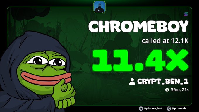 The image features a cartoon frog wearing a hood, sitting next to a banner that displays information about a character named Chromeboy. The banner includes details such as the character's name, number of followers, and the amount of money they have made from their online activities.