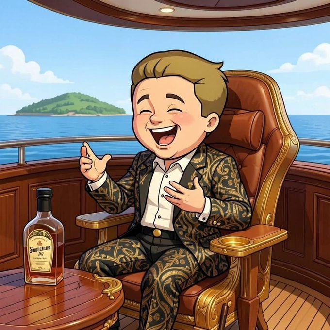 A cartoon illustration of a laughing man with light brown hair, wearing a patterned black and gold suit, sitting in a luxurious wooden chair on a yacht, with a bottle of 'Sambuca' on a nearby table.