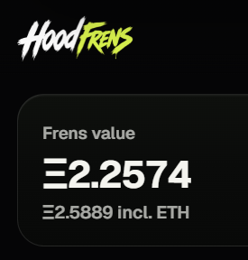 The image shows a "Hood Frens" interface displaying a Frens value of Ξ2.2574 with Ξ2.5889 incl. ETH, directly supporting the post's claim about growing a 0.5 ETH investment into 2.58 ETH through daily races and fantasy cups on the Robinhood Chain.