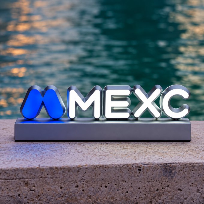 A 3D illuminated MEXC cryptocurrency exchange sign sits on a stone ledge against a backdrop of rippling water.