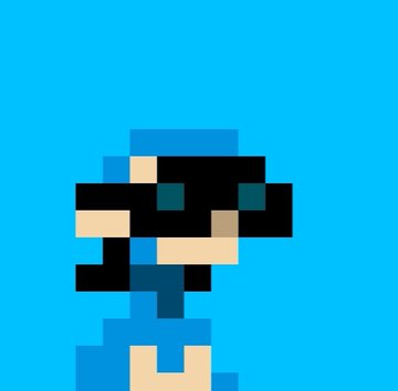 A small pixel art character resembling a masked figure or ninja with a blue hood and dark sunglasses on a bright blue background.
