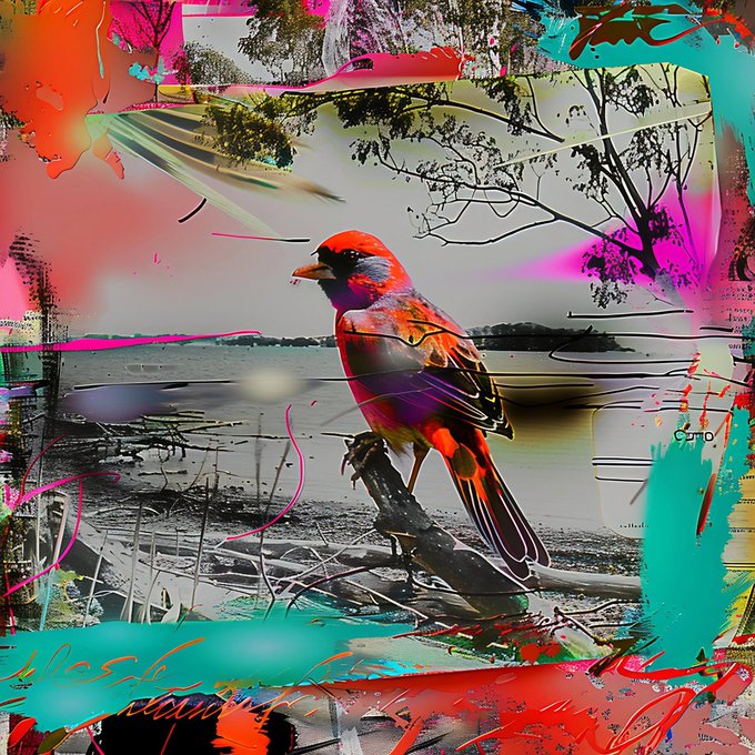 Vibrant, glitch-art style image featuring a red cardinal bird perched on a branch by the water, surrounded by colorful abstract borders and splashes of paint.
