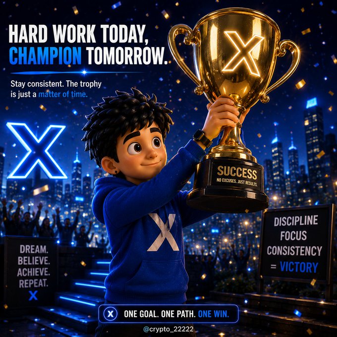 A young animated boy proudly lifts a glowing "SUCCESS" trophy marked with an "X" symbol against a vibrant city backdrop, embodying the message "HARD WORK TODAY, CHAMPION TOMORROW" alongside motivational text like "DREAM. BELIEVE. ACHIEVE. REPEAT." and "DISCIPLINE + FOCUS + CONSISTENCY = VICTORY." The image visually reinforces the post's theme that consistent effort and trust in the process lead to eventual triumph and results that speak for themselves.