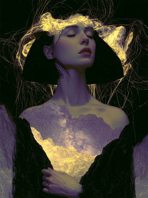 A woman with closed eyes appears to exhale streams of golden-yellow energy that dissolve into a starry cosmic landscape within her chest, set against a deep black background. The piece, titled "Cosmic Breath," visually embodies the idea of releasing the universe from within, with the ethereal golden wisps and star-filled torso suggesting breath as a conduit to the cosmos.