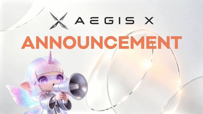 A cute unicorn character wearing headphones and fairy wings holds a megaphone beneath the "X AEGIS X" logo and bold orange "ANNOUNCEMENT" text. The image visually reinforces the post's message that the AGX protocol has passed security audits, functional testing, and on-chain verification, with the megaphone symbolizing the official communication of these milestones.