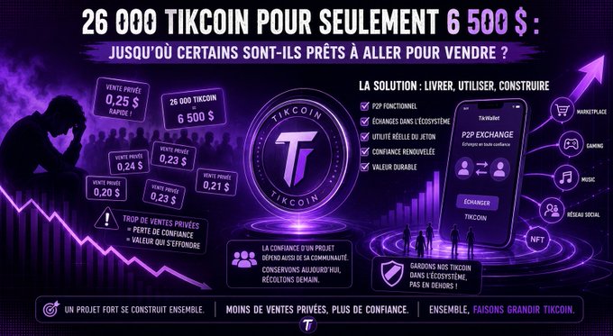 This image is a French-language infographic about TikCoin, featuring the headline "26 000 TIKCOIN POUR SEULEMENT 6 500 $" with side-by-side comparisons showing declining private sale prices ($0.25 down to $0.21) against the project's positive features like P2P exchange, gaming, and NFTs. It illustrates the post's point by contrasting desperate sellers dumping 26,000 TikCoin at $0.25 (totaling just $6,500) with the broader utility and ecosystem being built around the TikCoin token.