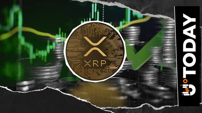 Crypto graphic featuring an XRP coin over a stock chart with green arrows and 'TODAY' branding, suggesting a price increase for XRP.