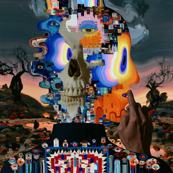 A surreal digital artwork featuring a fragmented skull-like face with colorful swirling patterns and pixelated sections, set against a desert landscape with a hand pointing upward.
