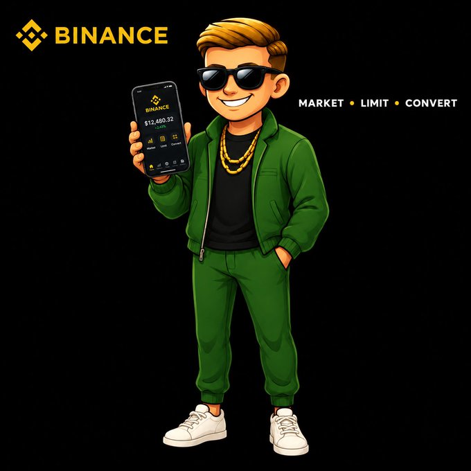 A cartoon character wearing a green tracksuit and sunglasses holds a phone displaying a Binance app interface with a $12,480.32 balance, with the Binance logo and 'MARKET • LIMIT • CONVERT' text in the corners.
