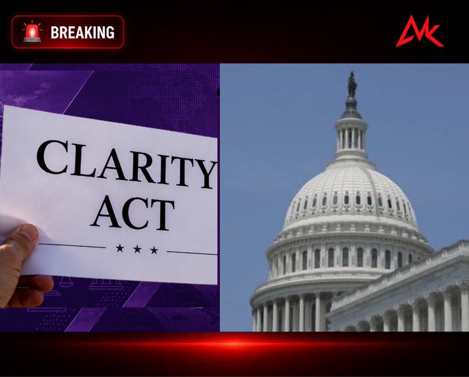 A breaking news graphic showing a hand holding a 'CLARITY ACT' document alongside an image of the U.S. Capitol building.