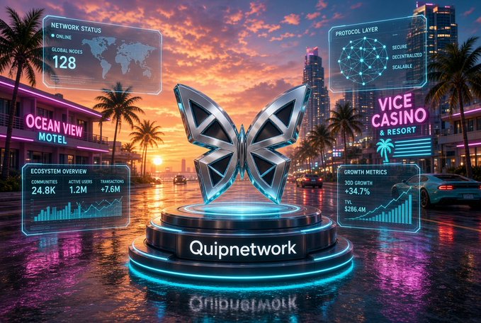 A digital promotional image for 'Quipnetwork' featuring a metallic butterfly logo on a pedestal, surrounded by data panels showing 'NETWORK STATUS', 'PROTOCOL LAYER', 'ECOSYSTEM OVERVIEW', and 'GROWTH METRICS' against a sunset cityscape.