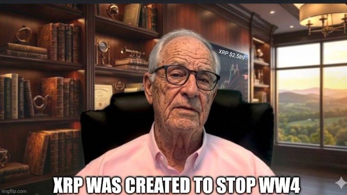 A meme featuring an elderly man with glasses in a pink shirt sitting in a study, with the caption 'XRP WAS CREATED TO STOP WW4' and a small XRP chart showing $2.589.