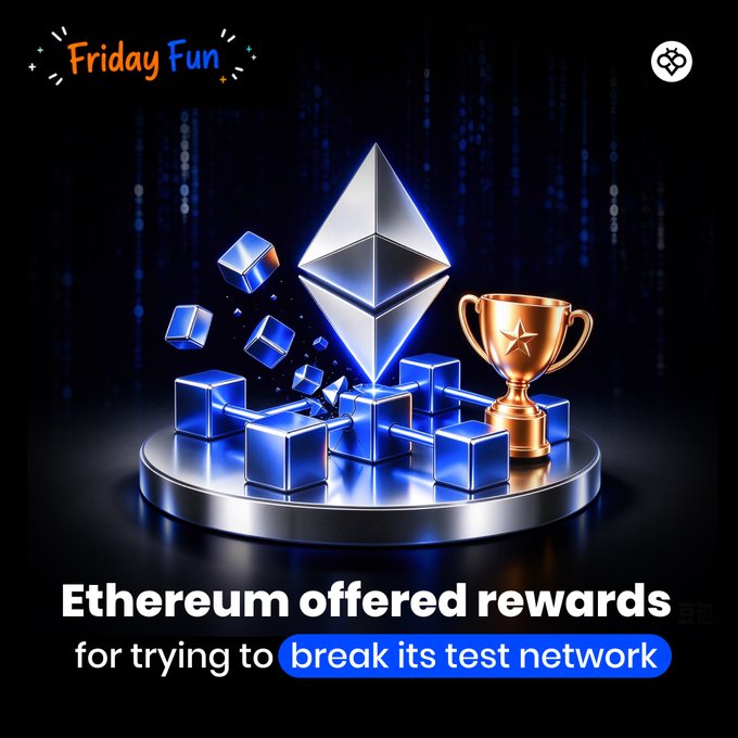 A 'Friday Fun' graphic featuring an Ethereum logo surrounded by blue cubes and a gold trophy, with text reading 'Ethereum offered rewards for trying to break its test network'.