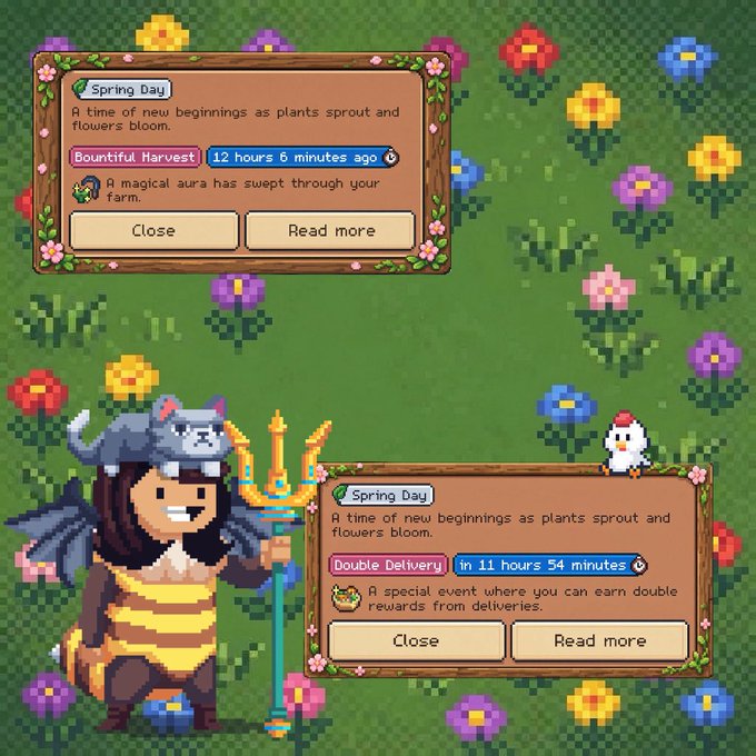 Pixel art screenshots from a farming game showing two notification panels: the top announces 'Bountiful Harvest!' from 12 hours 6 minutes ago, and the bottom shows 'Double Delivery' in 11 hours 54 minutes, both under a 'Spring Day' header, with a character wearing a cat-eared hat and bee-like outfit visible.