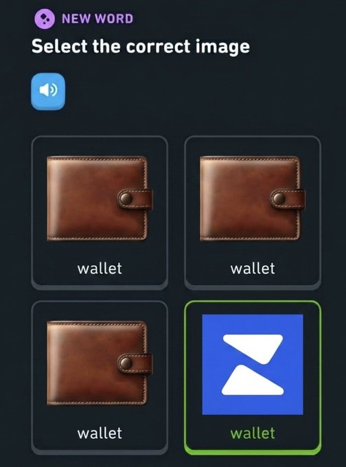 A language learning app screen prompting to 'Select the correct image' for the word 'wallet', with three identical brown wallet images and a blue logo selected as the answer.