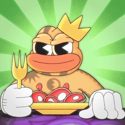 A cartoon illustration of a monkey wearing a gold crown holds a yellow fork in front of a plate of red mushrooms against a green background.