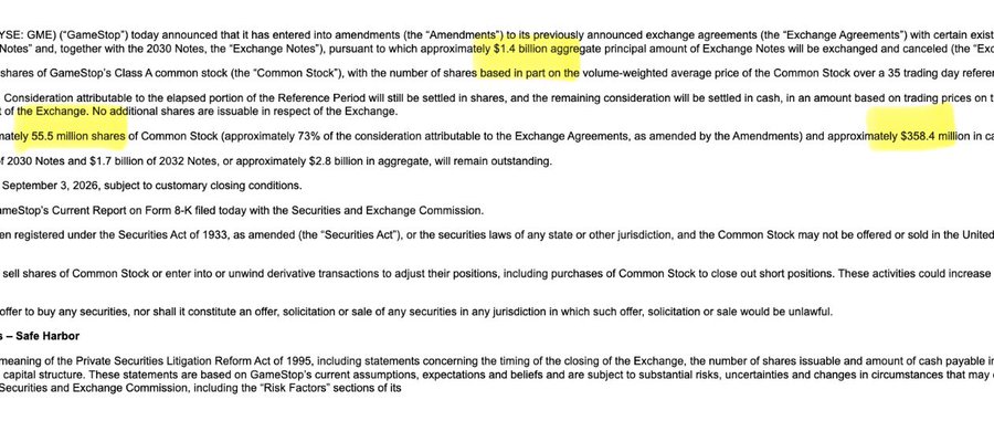 This image is a snippet from a GameStop (GME) press release detailing amendments to exchange agreements, involving approximately $1.4 billion in Exchange Notes and 55.5 million shares of Common Stock. The post's mention of $GME, $DKBFLY, and $BBBYQ, along with other financial figures and company names, suggests the image is related to the financial implications of this announcement for investors.