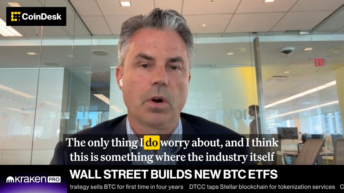 The image features an interview with a man wearing a suit talking about Bitcoin. The text overlays on the image reads "The only thing I do worry about, and I think this is something where the industry itself". This statement seems to be related to the Bitcoin project or its potential impact on the economy.