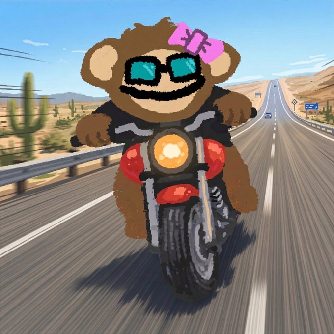 A pixel art illustration of a brown monkey wearing sunglasses and a pink bow riding a red motorcycle down a desert highway, with motion blur indicating speed.