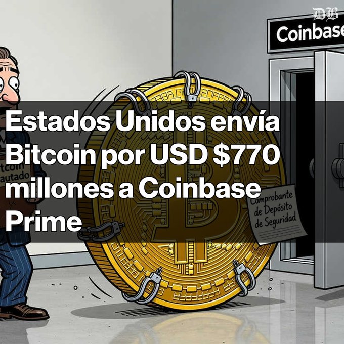 Cartoon illustration depicting a person pushing a giant Bitcoin coin toward a vault labeled 'Coinbase', with Spanish text overlay reading 'Estados Unidos envía Bitcoin por USD $770 millones a Coinbase Prime' and a deposit receipt attached.