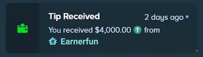 A Stake.com notification displays a $4,000.00 tip received 2 days ago from a user named "Earnerfun." The image illustrates the scenario described in the post, showing what the tip notification would look like in the recipient's Stake account.