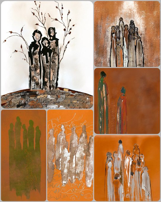 A collage of five abstract figurative artworks depicting elongated, shadowy human forms rendered in earthy tones of orange, brown, and muted metallics, evoking themes of introspection, collective identity, and departure that echo the post's reflective message about self-recognition and letting go.