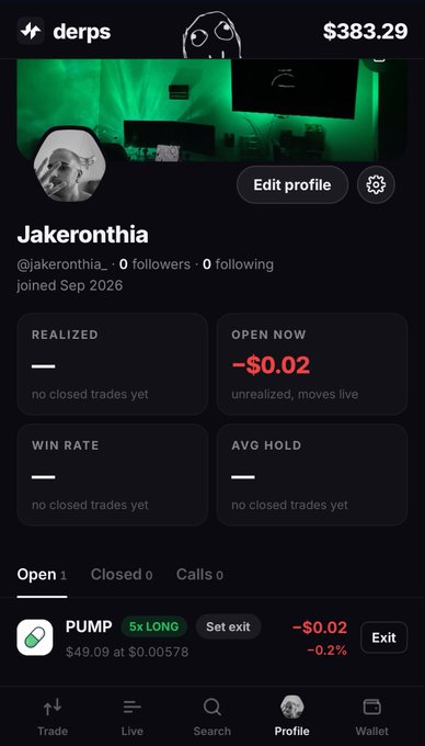 A Robinhood profile screen for 'Jakeronthia' (@jakeronthia) shows an account balance of $383.29 with no closed trades yet.